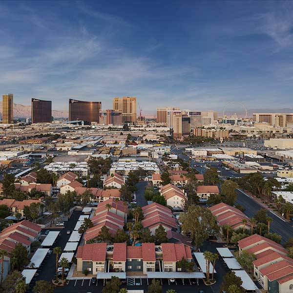 Licensed commercial drone photographer capturing aerial views of Las Vegas commercial property